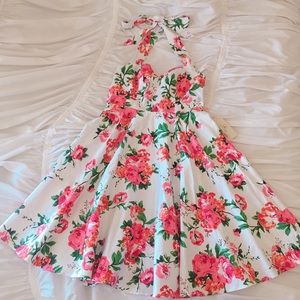 Floral Pattern Halter Sweetheart Swing Tea Dress